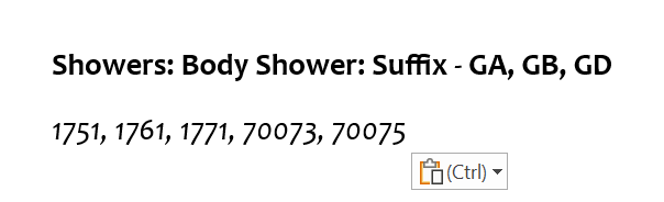 Showers: Body Shower: Suffix - GA, GB, GD