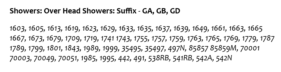 Showers: Over Head Showers: Suffix - GA, GB, GD